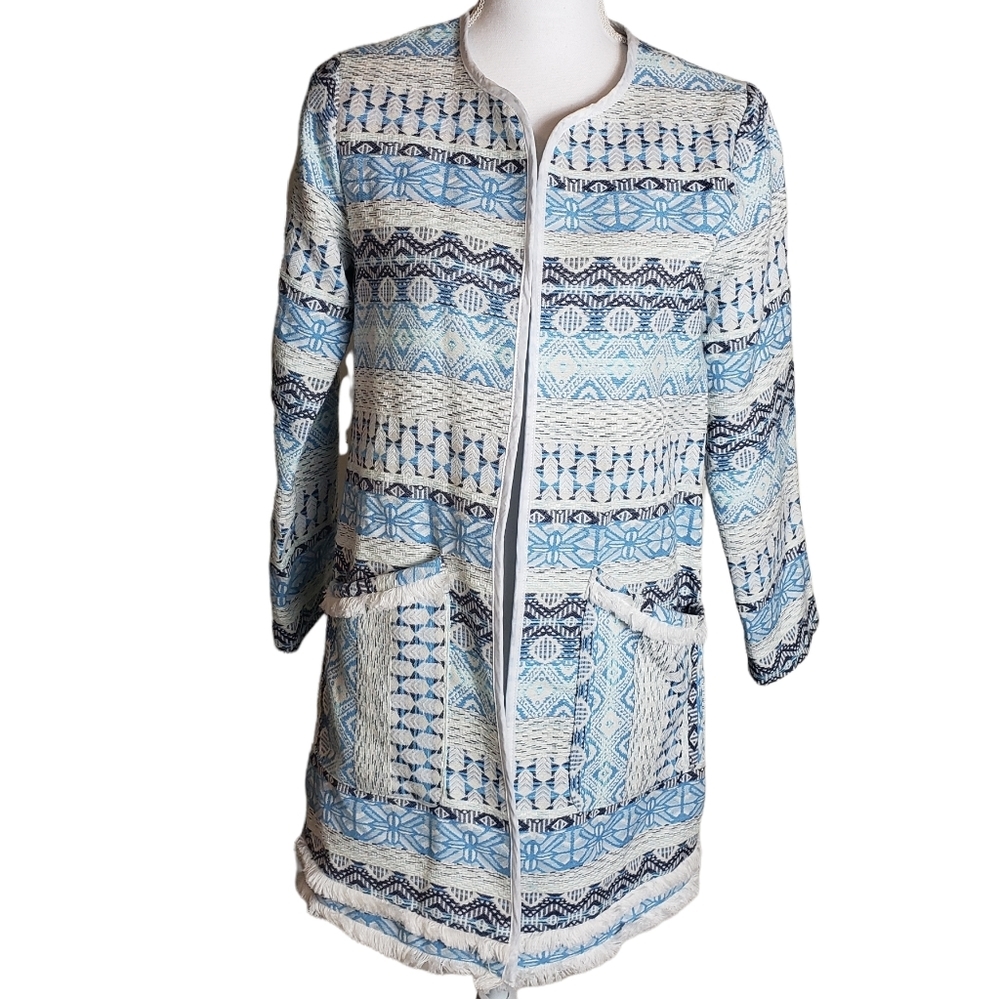 Boucle Blue Ivory Embroidered Fringed Open Front Jacket Sz Small Long Line Coat